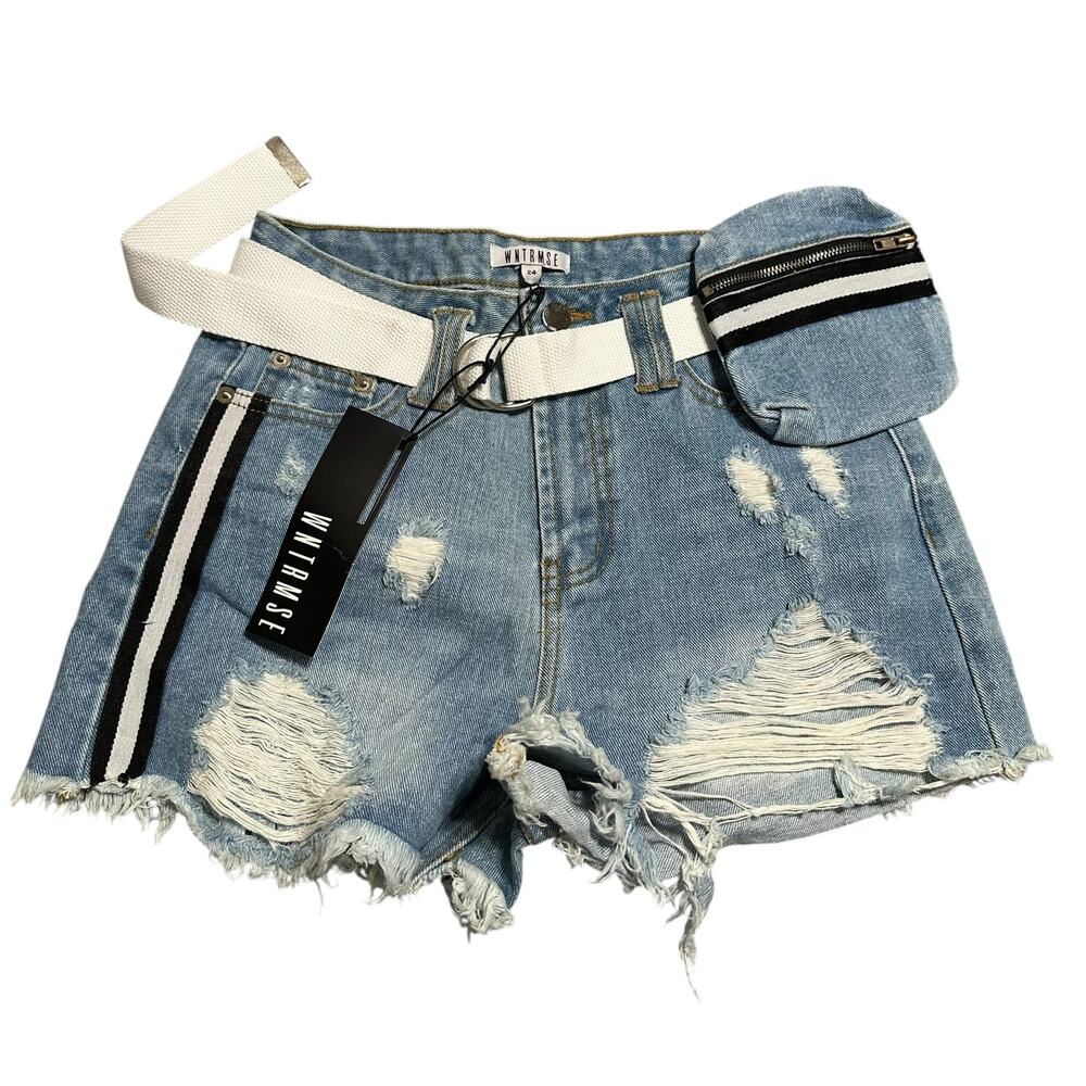 WNTRMSE Sz 24 Benni Shorts High Waist White Belt Side Pouch Ripped Denim Shorts